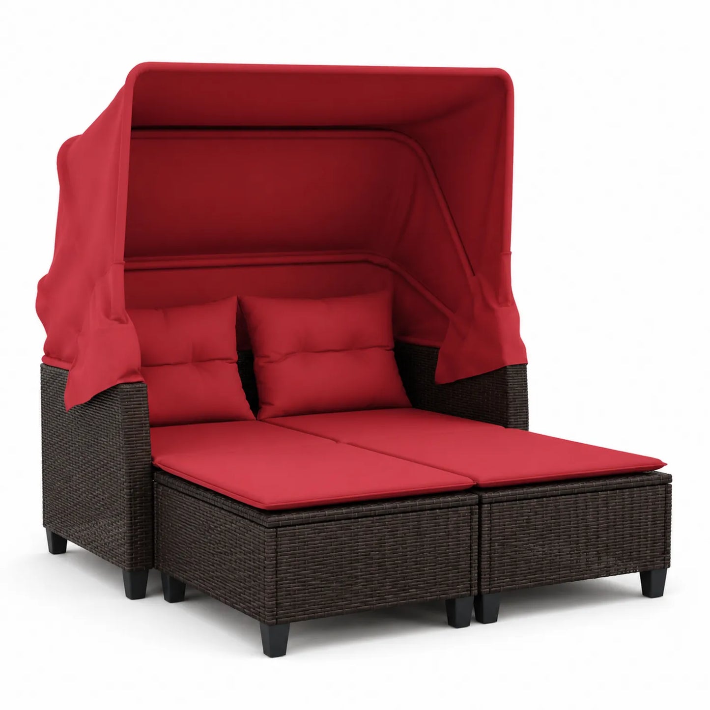 Polyrattan Outdoor-Sofa mit Verstellbarem Baldachin Rot