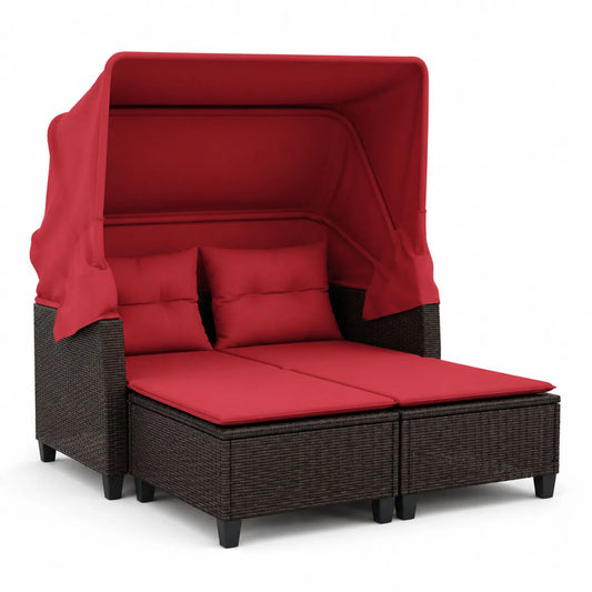 Polyrattan Outdoor-Sofa mit Verstellbarem Baldachin Rot