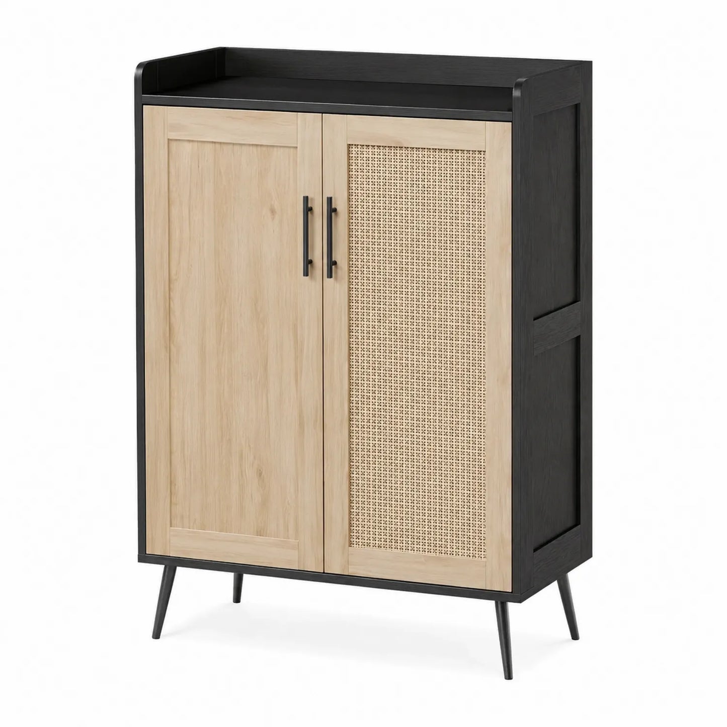 Schuhschrank Holz Schwarz/Braun mit Rattan und Metall 120x80x40cm