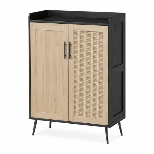 Schuhschrank Holz Schwarz/Braun mit Rattan und Metall 120x80x40cm