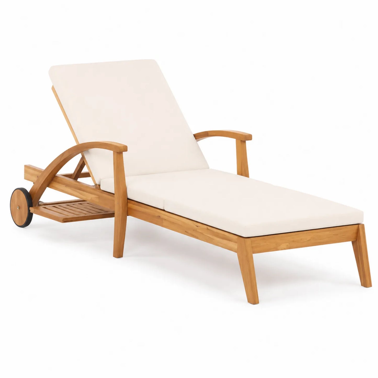 Teakholz Sonnenliege mit Rädern und Polyestermatte in Naturholz/Creme